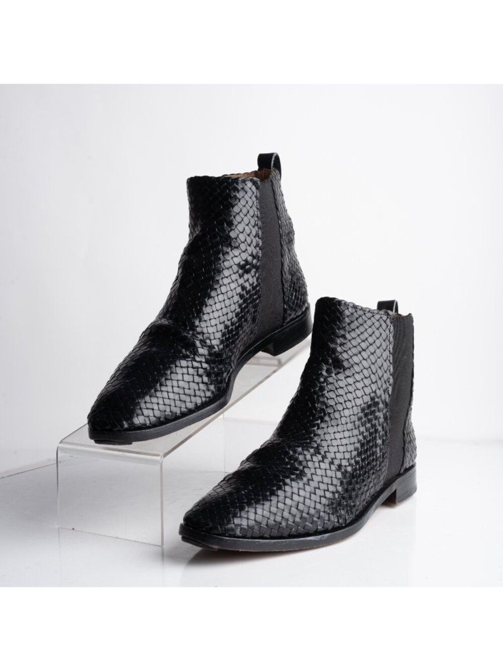 Charles Jourdan Vintage Ankle boots Mens Leather Woven Black Braided US 8 EU 42